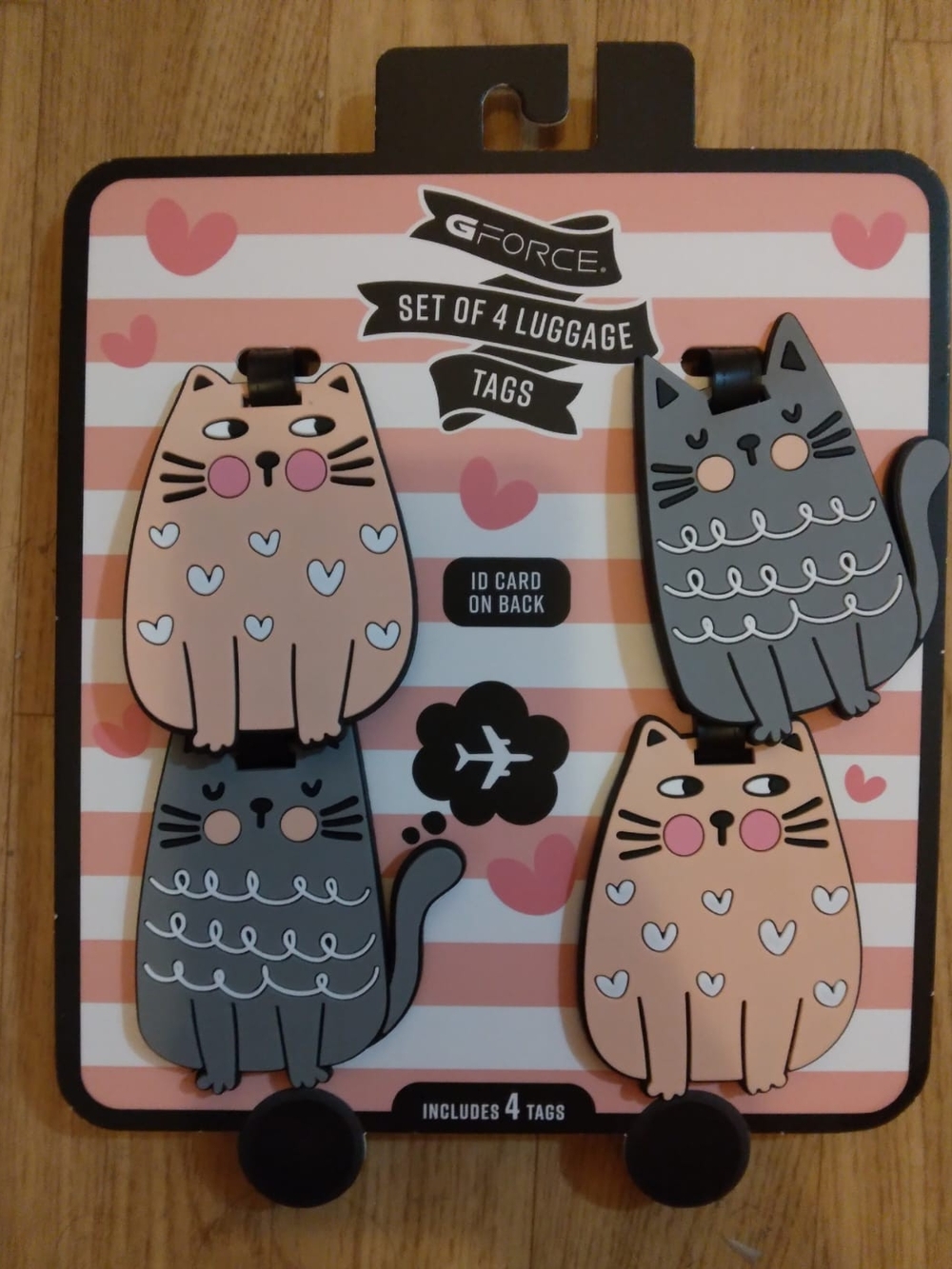 G/FORCE Pink and Gray Cat Luggage Tags - Set of 4 Cute Cat Faces